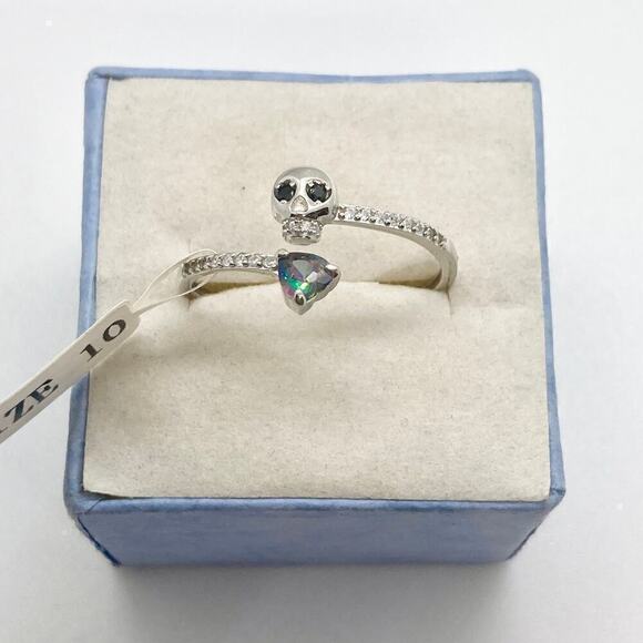 Size 10 925 Open Skull and Rainbow Topaz Heart Ring - Picture 2 of 11
